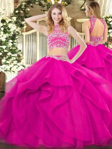 Fuchsia Tulle Backless High-neck Sleeveless Floor Length Ball Gown Prom Dress Beading and Ruffles
