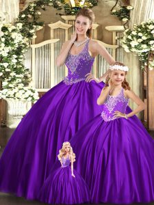 Purple Ball Gowns Beading Sweet 16 Dresses Lace Up Organza Sleeveless Floor Length