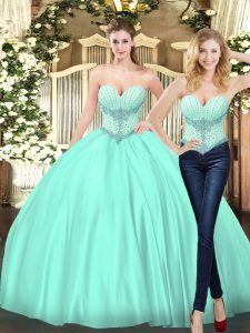 Simple Tulle Sweetheart Sleeveless Lace Up Beading Sweet 16 Dresses in Apple Green