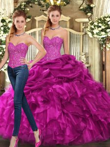 Fuchsia Organza Lace Up Sweetheart Sleeveless Floor Length Sweet 16 Dresses Beading and Ruffles