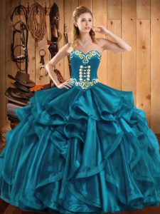 Sweetheart Sleeveless Quinceanera Dresses Floor Length Embroidery and Ruffles Teal Organza