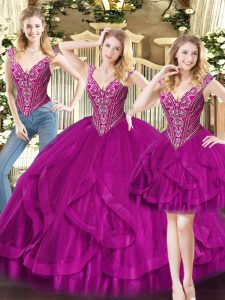 Floor Length Lace Up Quince Ball Gowns Fuchsia for Military Ball and Sweet 16 and Quinceanera with Beading and Ruffles