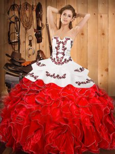 Chic Satin and Organza Strapless Sleeveless Lace Up Embroidery and Ruffles Sweet 16 Dress in Wine Red