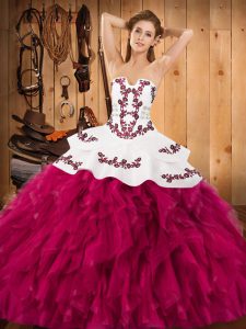 Best Selling Fuchsia Sleeveless Floor Length Embroidery and Ruffles Lace Up Vestidos de Quinceanera