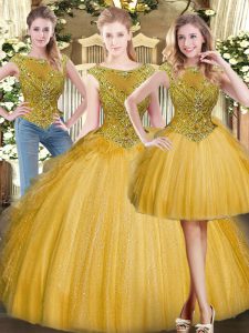Gold Ball Gowns Scoop Sleeveless Tulle Floor Length Zipper Beading and Ruffles Sweet 16 Dress