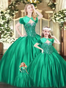 Sleeveless Organza Floor Length Lace Up Vestidos de Quinceanera in Green with Beading