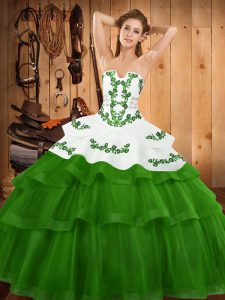 Strapless Sleeveless Tulle Quinceanera Dress Embroidery and Ruffled Layers Sweep Train Lace Up