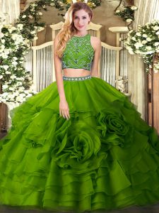 Modern Floor Length Olive Green Sweet 16 Quinceanera Dress Tulle Sleeveless Beading and Ruffled Layers