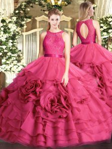 Lace Sweet 16 Quinceanera Dress Hot Pink Zipper Sleeveless Floor Length