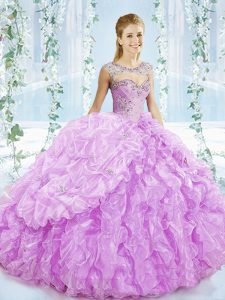 Smart Lilac Sweetheart Lace Up Beading and Ruffles 15 Quinceanera Dress Brush Train Sleeveless