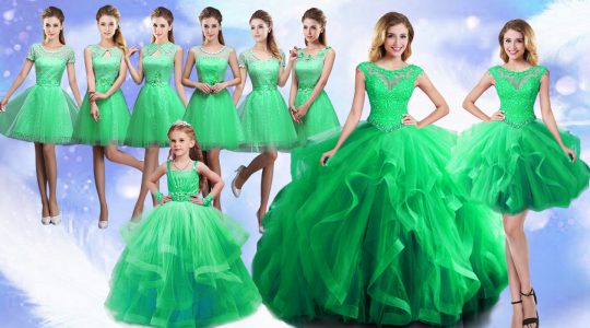 Green Organza Lace Up Scoop Sleeveless Floor Length Ball Gown Prom Dress Beading and Ruffles