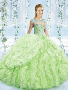 Sweetheart Sleeveless Organza Ball Gown Prom Dress Beading and Ruffles and Pick Ups Brush Train Lace Up