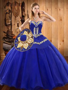 Blue Ball Gowns Sweetheart Sleeveless Tulle Floor Length Lace Up Ruffles Ball Gown Prom Dress