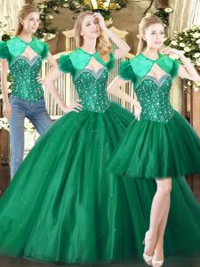 Noble Sweetheart Sleeveless Lace Up 15 Quinceanera Dress Green Tulle