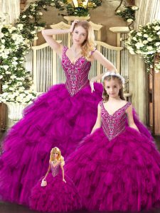 Straps Sleeveless Tulle Quince Ball Gowns Beading and Ruffles Lace Up