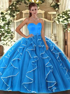 Flirting Baby Blue Sweetheart Neckline Beading and Ruffles Ball Gown Prom Dress Sleeveless Lace Up