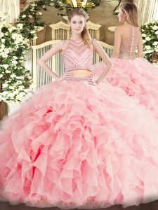 Fantastic Baby Pink Two Pieces Beading and Ruffles Quinceanera Gown Zipper Tulle Sleeveless Floor Length