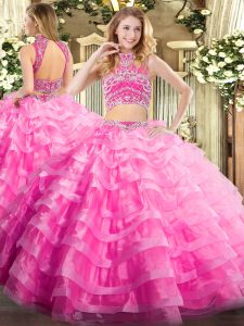 Spectacular Beading and Ruffled Layers Sweet 16 Dresses Rose Pink Backless Sleeveless Floor Length