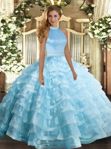 Shining Baby Blue Sleeveless Floor Length Beading and Ruffled Layers Backless Quinceanera Dress