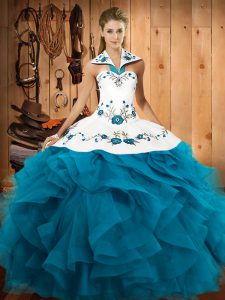Noble Teal Tulle Lace Up Quinceanera Dresses Sleeveless Floor Length Embroidery and Ruffles
