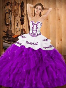 Dramatic Ball Gowns 15th Birthday Dress Eggplant Purple Strapless Satin and Organza Sleeveless Floor Length Lace Up