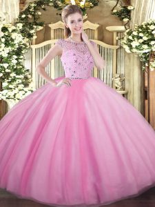 Deluxe Bateau Sleeveless Vestidos de Quinceanera Floor Length Beading Rose Pink Tulle