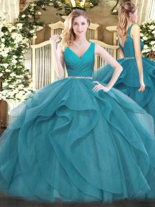 New Style Teal Tulle Zipper Quince Ball Gowns Sleeveless Floor Length Beading and Ruffles