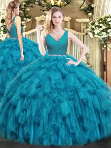 Discount Floor Length Zipper Quince Ball Gowns Teal for Military Ball and Sweet 16 and Quinceanera with Beading and Ruffles