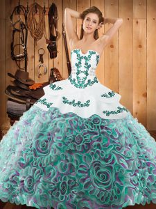Sleeveless Satin and Fabric With Rolling Flowers With Train Sweep Train Lace Up Quince Ball Gowns in Multi-color with Embroidery