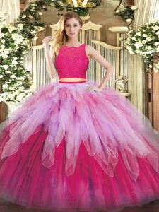 Sleeveless Floor Length Lace and Ruffles Zipper Quinceanera Dress with Multi-color