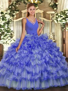 Sophisticated Blue Backless Sweet 16 Quinceanera Dress Beading and Ruffled Layers Sleeveless Floor Length