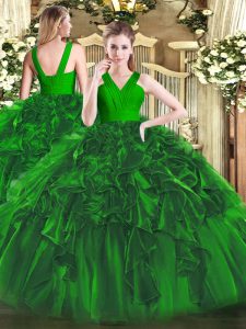 High Quality Dark Green Organza Zipper Vestidos de Quinceanera Sleeveless Floor Length Ruffles