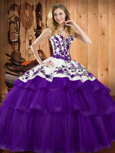 Purple Quinceanera Gown Organza Sweep Train Sleeveless Embroidery
