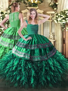 Shining Dark Green Ball Gowns Beading and Lace and Ruffles 15 Quinceanera Dress Zipper Organza Sleeveless Floor Length