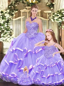 Floor Length Lace Up Sweet 16 Dresses Lavender for Military Ball and Sweet 16 with Beading and Ruffled Layers