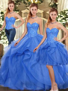 Artistic Blue Sleeveless Organza Lace Up Sweet 16 Dress for Military Ball and Sweet 16 and Quinceanera