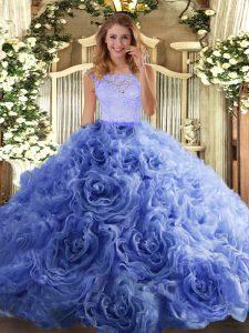 Trendy Ball Gowns Quinceanera Dresses Blue Scoop Organza and Fabric With Rolling Flowers Sleeveless Floor Length Zipper
