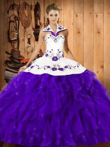 Floor Length Purple Sweet 16 Dresses Halter Top Sleeveless Lace Up