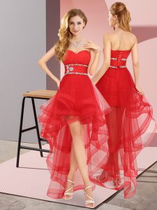 Attractive A-line Court Dresses for Sweet 16 Red Sweetheart Tulle Sleeveless High Low Lace Up