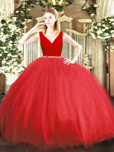 Inexpensive Red Tulle Zipper V-neck Sleeveless Floor Length Quinceanera Gown Beading