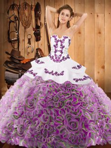 Fancy Strapless Sleeveless Sweep Train Lace Up Sweet 16 Dress Multi-color Satin and Fabric With Rolling Flowers