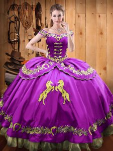 Lovely Eggplant Purple Off The Shoulder Lace Up Beading and Embroidery 15th Birthday Dress Sleeveless