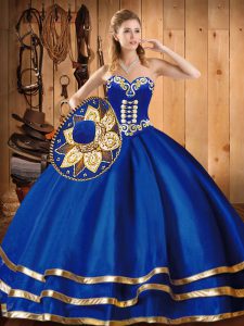 Flare Blue Ball Gowns Embroidery Quinceanera Gowns Lace Up Satin and Tulle Sleeveless Floor Length