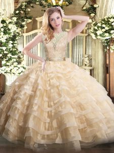 Floor Length Champagne Sweet 16 Quinceanera Dress Scoop Sleeveless Backless
