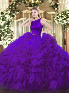 Trendy Floor Length Clasp Handle Ball Gown Prom Dress Purple for Military Ball and Sweet 16 and Quinceanera with Belt
