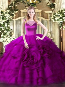 Glorious Fuchsia Ball Gowns Beading and Ruffled Layers Quinceanera Gowns Side Zipper Organza Sleeveless Floor Length
