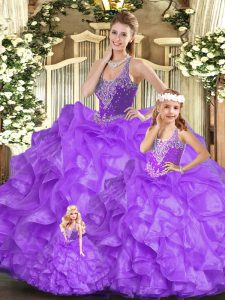 Eggplant Purple Organza Lace Up Sweet 16 Quinceanera Dress Sleeveless Floor Length Beading and Ruffles