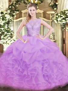 Scoop Sleeveless 15 Quinceanera Dress Floor Length Lace and Ruffles Lilac Organza