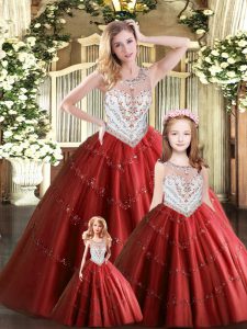 Wine Red Scoop Lace Up Beading Quinceanera Dresses Sleeveless