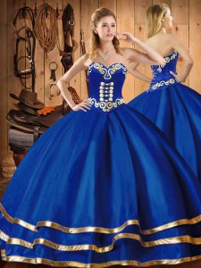 Blue Sleeveless Floor Length Embroidery Lace Up Quinceanera Dress